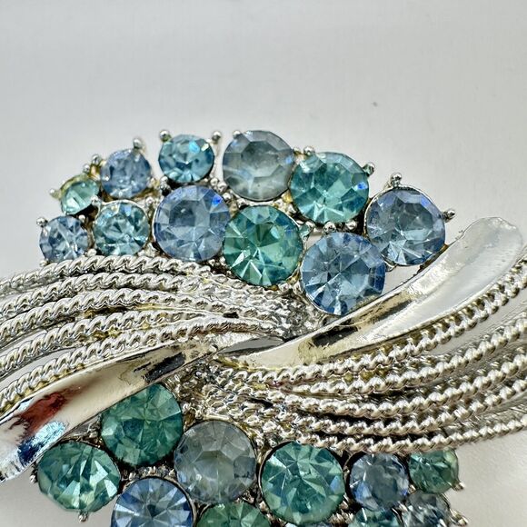 Coro Signed Blue Rhinestone Silver Tone Abstract Brooch Pin Vintage - Picture 6 of 10